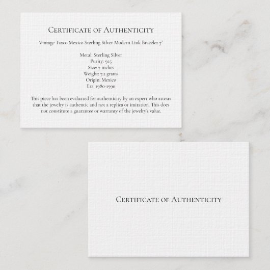 ジュエリーレターの完全性、証明書テンプレート 名刺 (正面/裏面)