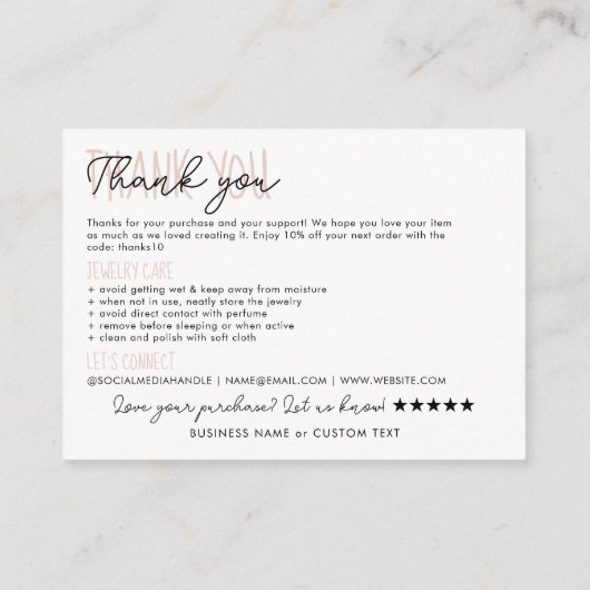 ジュエリー気に指示Thank You Order Business エンクロージャーカード (裏面)