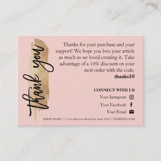 ジュエリー気に金ゴールドグリッタースクリプトサンキューカード 名刺 (正面)