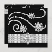 ジュエルエレガントダイヤモンドブラックシルバーバースデーパーティー 招待状 (正面/裏面)