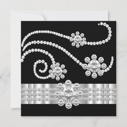 ジュエルエレガントダイヤモンドブラックシルバーバースデーパーティー 招待状 (正面)