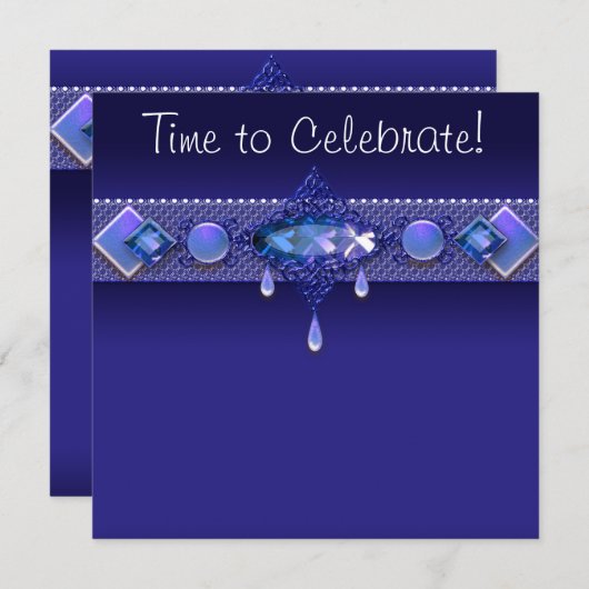 ジュエルズ ロイヤルネイビーブルー 女性の誕生日パーティー 招待状 (正面/裏面)