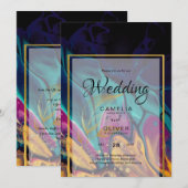ジュエルトーンのウェディング インク プラムパープル ティール ネイビー ゴールド 招待状 (正面/裏面)