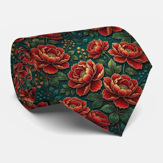 ジュエルトーンの花とゴールドのアクセント ネクタイ (ロール)