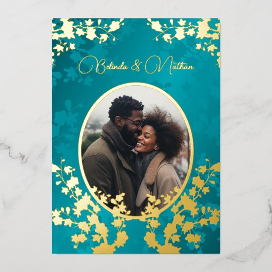 ジュエルトーンの花柄 ウェディングフォト 箔招待状 (正面)