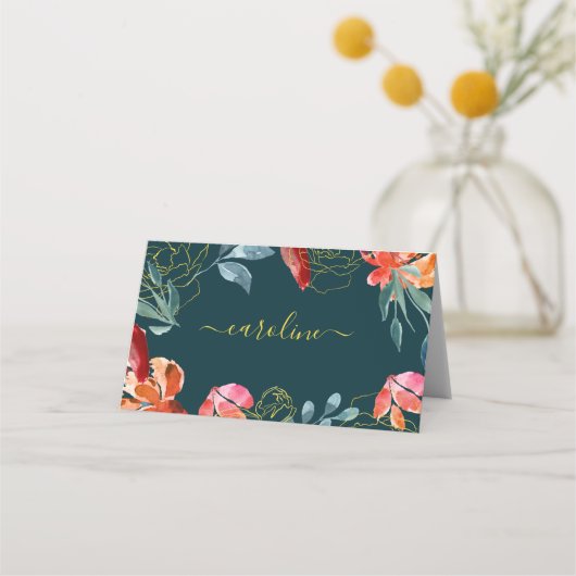 ジュエルトーンブルーコーラル結婚フローラズテーブルプレイス プレイスカード (正面)