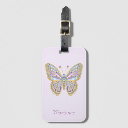 ジュエルバタフライパープルブルー金ゴールド ラゲッジタグ (正面縦)