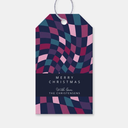 ジュエルパーソナライズされたスエレガント市松模様にクリスマス ギフトタグ (正面)
