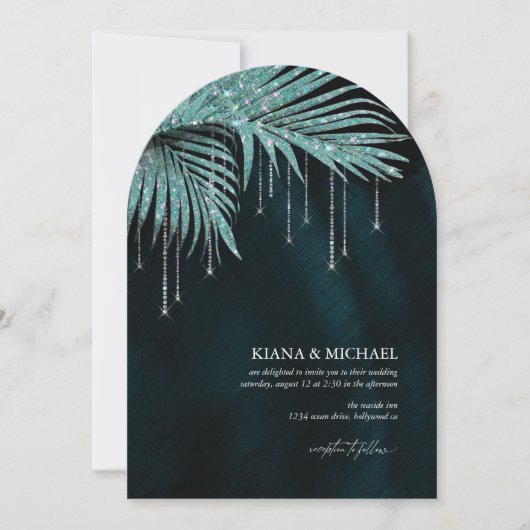 ジュエルパーム結婚リーフのティール（緑がかった色）アーチID830 招待状 (正面)