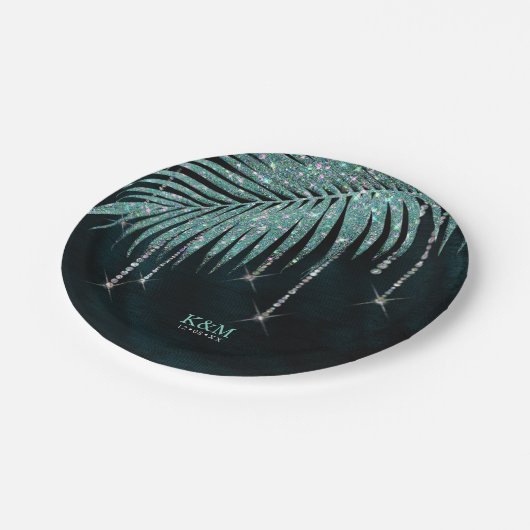 ジュエルパーム結婚リーフのティール（緑がかった色）ID830 ペーパープレート (アングル)
