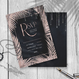 ジュエルパーム結婚リーフのバラ金ゴールド/ネイビーID830 出欠カード