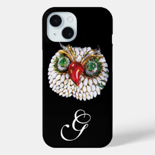 ジュエルフクロウモノグラム,金ゴールド,グリーンエメラルド,オパール iPhone 15ケース