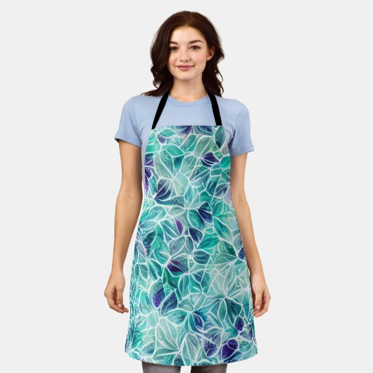 ジュエルブルーリーフパターン エプロン (着用した状態)