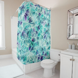 ジュエルブルーリーフパターン シャワーカーテン