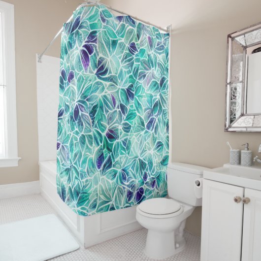 ジュエルブルーリーフパターン シャワーカーテン (インサイチュ)