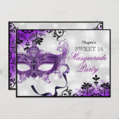 ジュエルマスク&ダマスクパープルマスカレード甘い16 招待状 (正面/裏面)