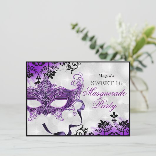ジュエルマスク&ダマスクパープルマスカレード甘い16 招待状 (スタンド正面)