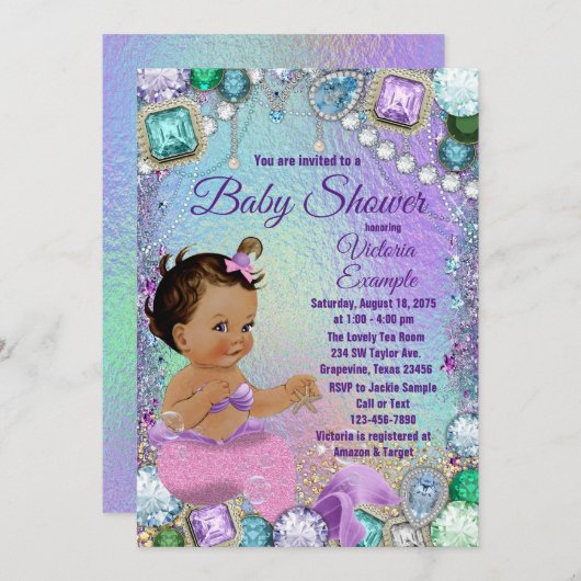 ジュエルマーメイドエスニックピンクマーメイドベビーシャワー 招待状 (正面/裏面)