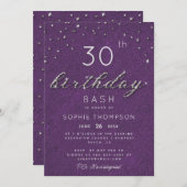 ジュエルモダンパープルスパークルグリッター誕生日パーティー 招待状 (正面/裏面)