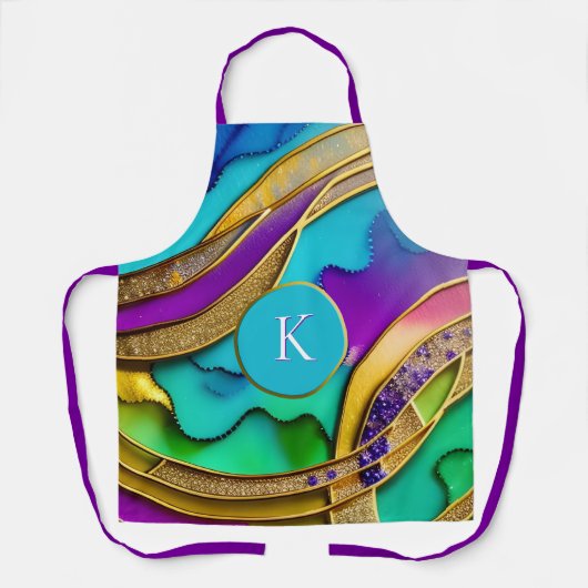 ジュエルモダン抽象芸術カラフル&金ゴールドモノグラム エプロン (正面)