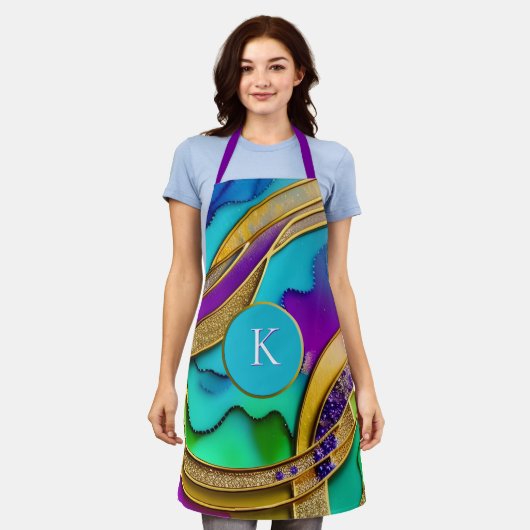 ジュエルモダン抽象芸術カラフル&金ゴールドモノグラム エプロン (着用した状態)
