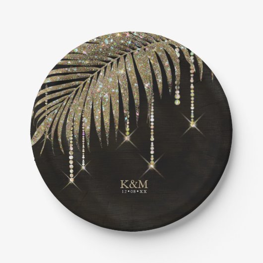 ジュエル結婚パームリーフの金ゴールドID830 ペーパープレート (正面)