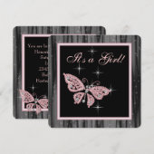 ジュエル バタフライ ピンク ブラック ベビーガール シャワー 招待状 (正面/裏面)