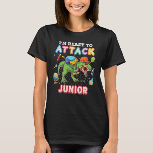 ジュニア新学期恐竜を攻撃する Tシャツ (正面)