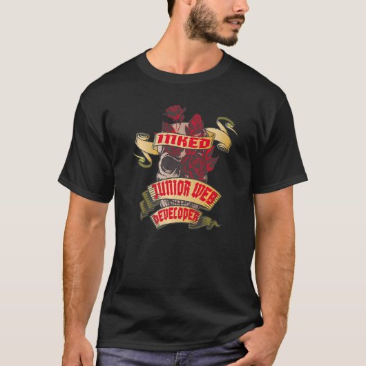 ジュニアWeb開発者 刺青のドクロと赤いバラ Tシャツ (正面)