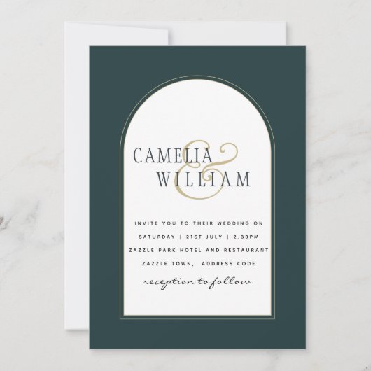 ジュニパーグリーンモダン金ゴールド結婚式QRコード 招待状 (正面)