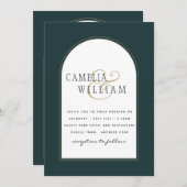 ジュニパーグリーンモダン金ゴールド結婚式QRコード 招待状 (正面/裏面)