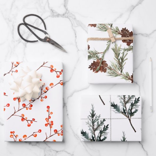 ジュニパーパインツリーブランチコーン&レッドアイレックスベリー ラッピングペーパーシート (正面)