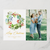 ジュニパー&ホリーリースメリークリスマスフォト 箔シーズンカード (正面)