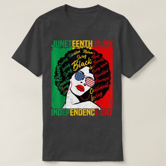 ジュネグは私の独立記念日ブラックウィメンズフリー Tシャツ (デザイン正面)