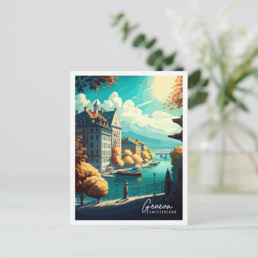 ジュネーブスイスヴィンテージ旅行イラストレーション ポストカード (スタンド正面)