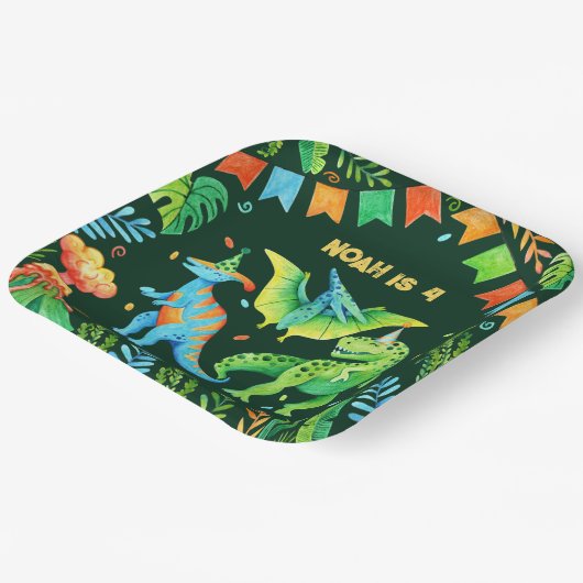 ジュラシックかわいい恐竜の少年の誕生日パーティー ペーパープレート (傾斜あり)