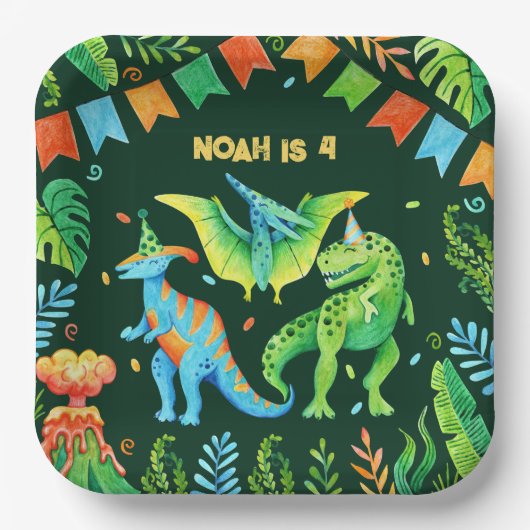 ジュラシックかわいい恐竜の少年の誕生日パーティー ペーパープレート (正面)