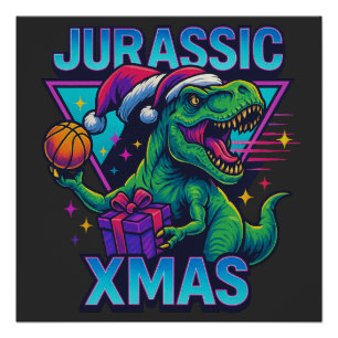 ジュラシック・クリスマスT-レックス - レトロ80年代ネオン恐竜Xmas ポスター