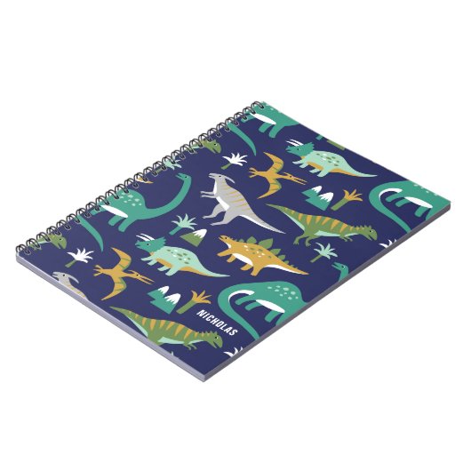 ジュラシック・グリーンBLUE恐竜のパターンと子供の名前 ノートブック (左側)