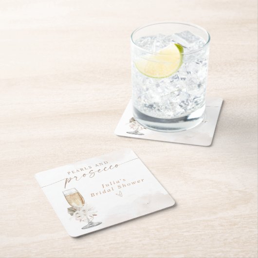ジュリア ボーホー フラワー パール & プロセッコ ブライダル シャワー スクエアペーパーコースター (インサイチュ)