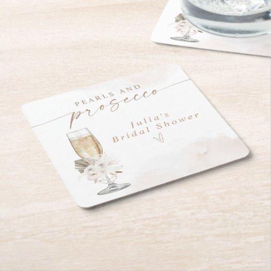 ジュリア ボーホー フラワー パール & プロセッコ ブライダル シャワー スクエアペーパーコースター (アングル)