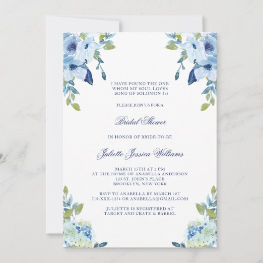 ジュリエット エレガント フラワール ダスティーブルー ブライダルシャワー 招待状 (正面)
