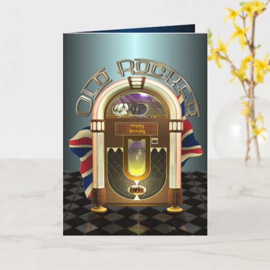 ジュークボックスの古いロッカーのイギリスのカスタマイズ可能な挨拶状 カード (黄色い花)