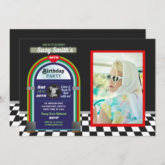 ジュークボックスの誕生日のダイナーの五十年代のレトロの写真の50年代 招待状 (正面/裏面)