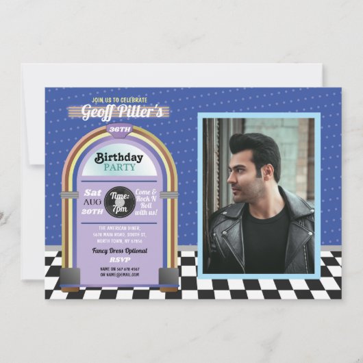 ジュークボックスの誕生日のダイナーの50年代青い音楽写真 招待状 (正面)