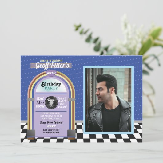 ジュークボックスの誕生日のダイナーの50年代青い音楽写真 招待状 (スタンド正面)