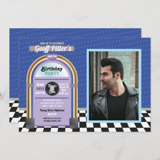 ジュークボックスの誕生日のダイナーの50年代青い音楽写真 招待状 (正面/裏面)
