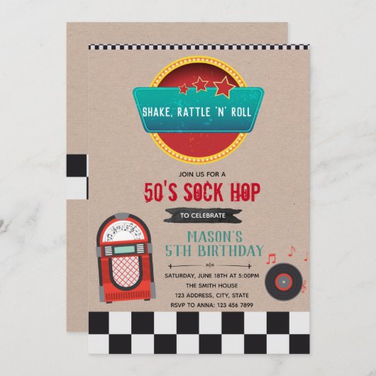 ジュークボックスの誕生日パーティの招待 招待状 (正面/裏面)