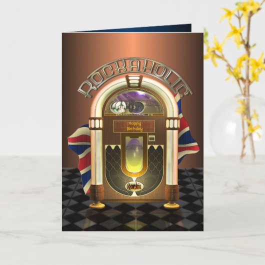 ジュークボックスのRockaholicのイギリスのカスタマイズ可能な挨拶状 カード (黄色い花)