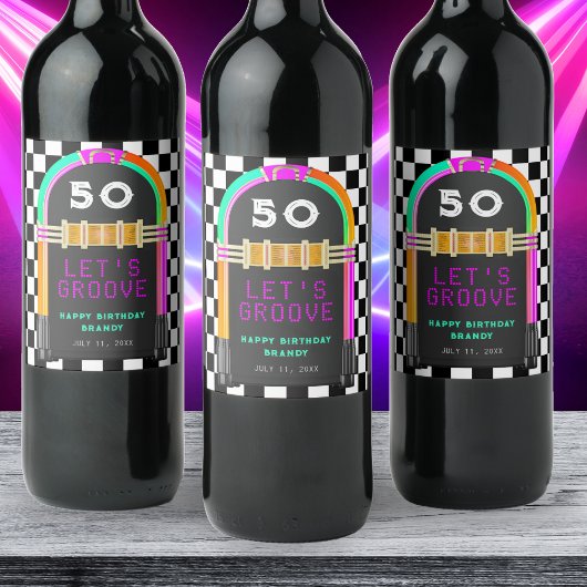 ジュークボックスレトロチェッカーボード50th誕生日パーティー ワインラベル